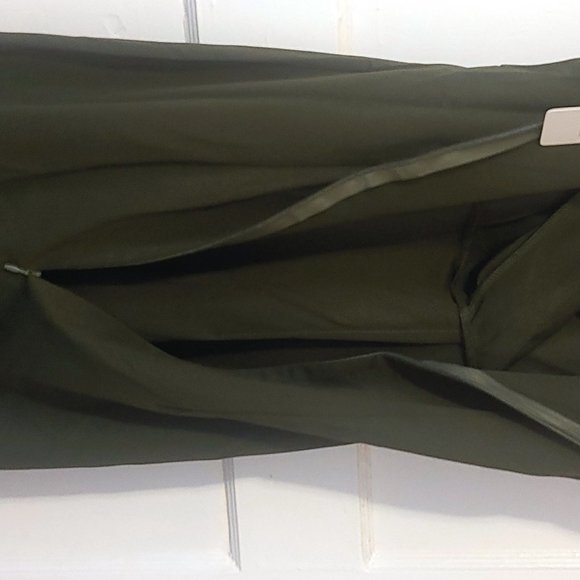 Olive Green Sleeveless V Neck Pleated Ruching Faux Wrap Zipper Sheath Dress - Picture 13 of 13